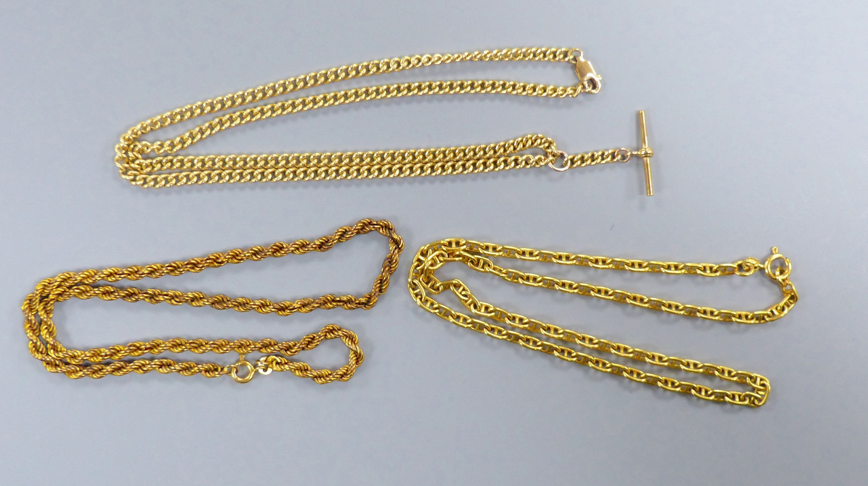 Three assorted modern 9ct gold necklace chains, including ropetwist, longest 50cm,
